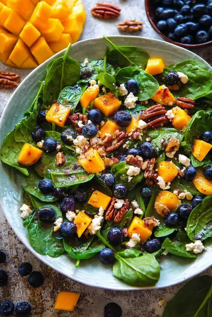 Mango Salad with spinach, blueberries, feta cheese, and walnuts