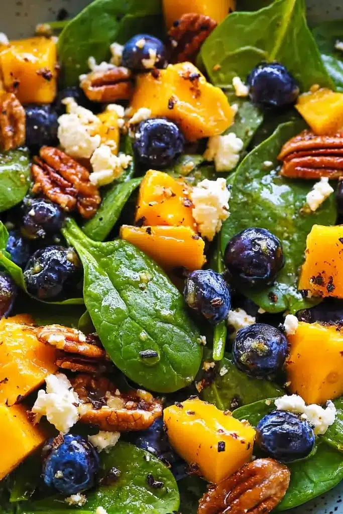 Close-up Mango Salad with spinach, blueberries, feta, and walnuts