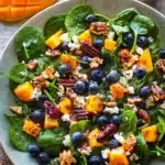 Fresh mango salad with spinach, blueberries, feta cheese, and toasted nuts in a summer salad bowl