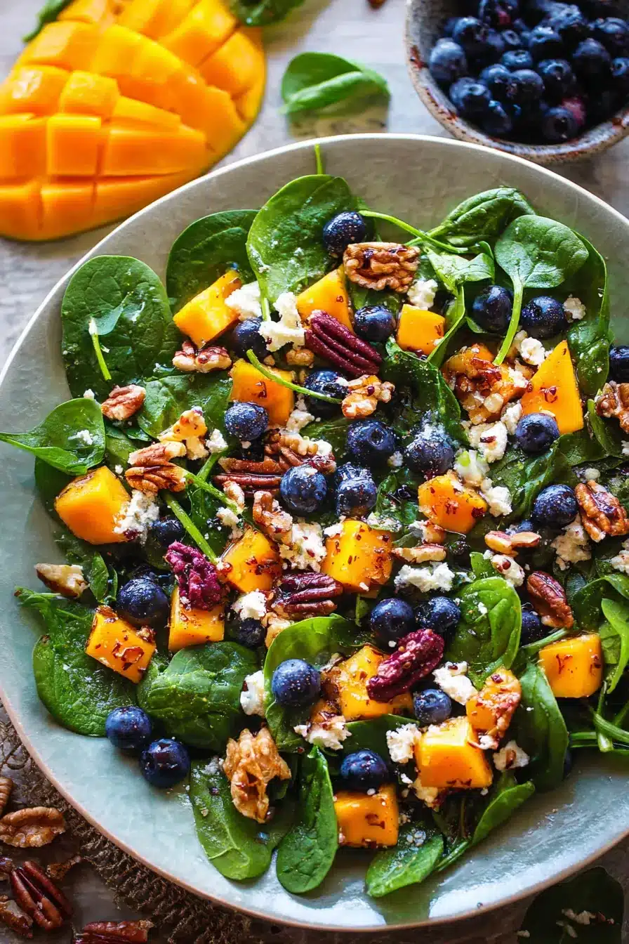 Fresh mango salad with spinach, blueberries, feta cheese, and toasted nuts in a summer salad bowl