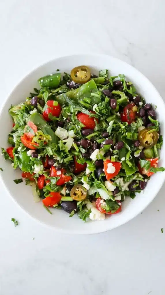Mediterranean Black Bean Salad With Herbs & Feta in a fresh colorful bowl