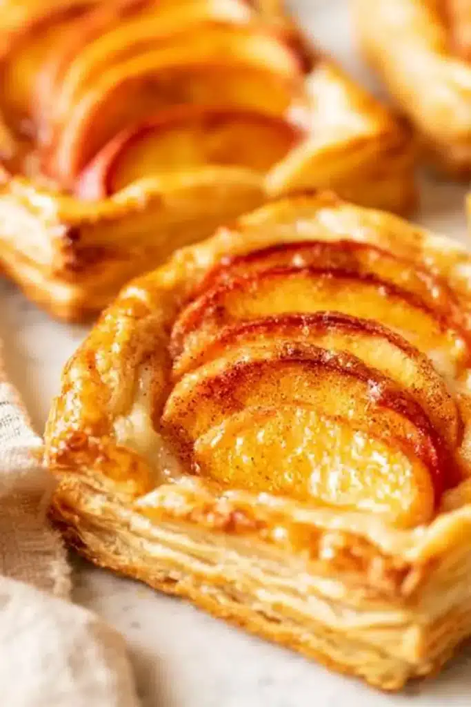 Mini peach and cream cheese tarts with flaky pastry and fresh peaches