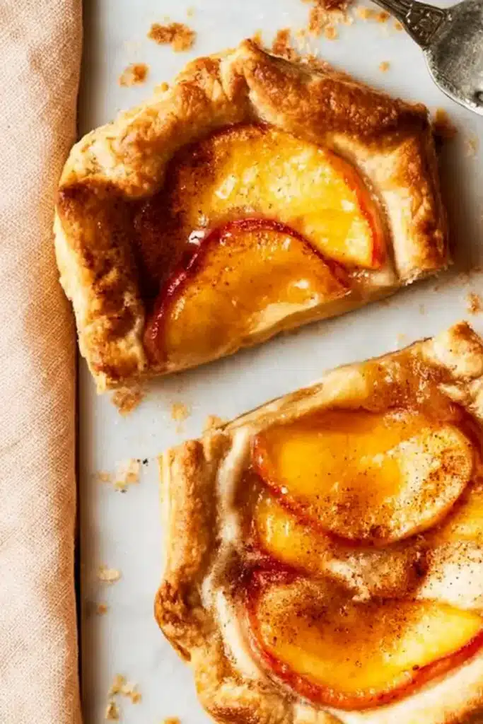 Mini peach and cream cheese tarts with flaky pastry and peach slices