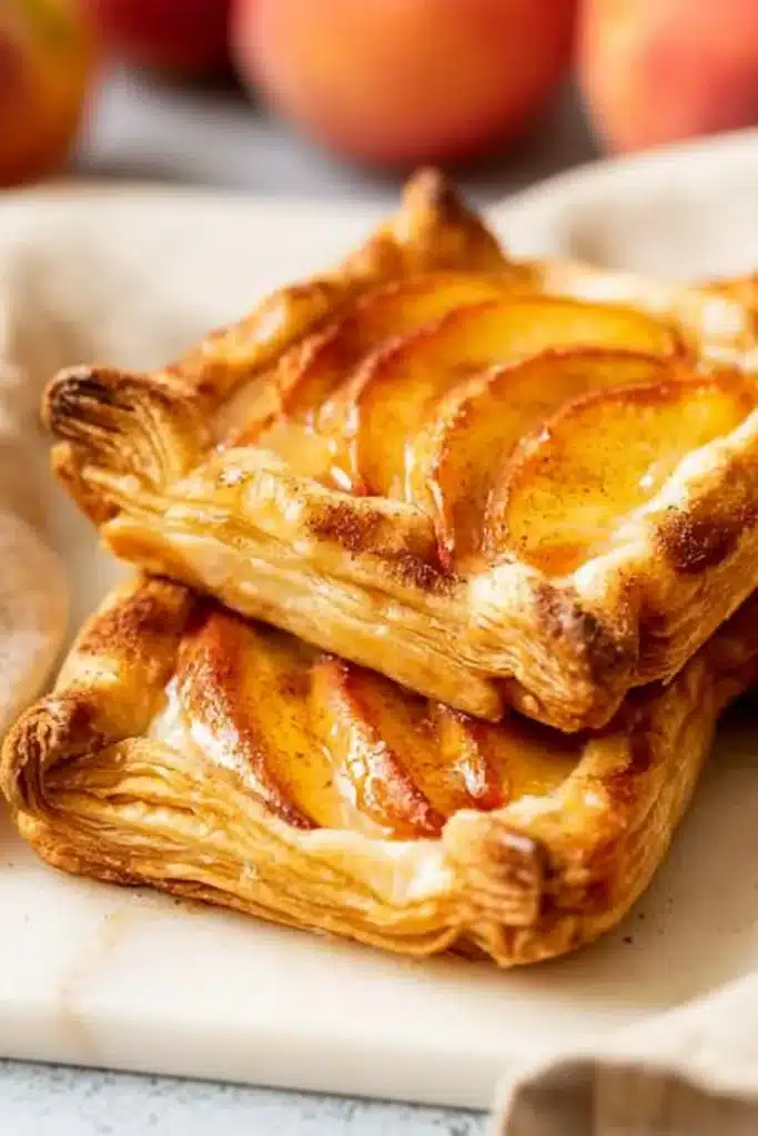 Mini peach and cream cheese tarts with flaky pastry and fresh peach slices