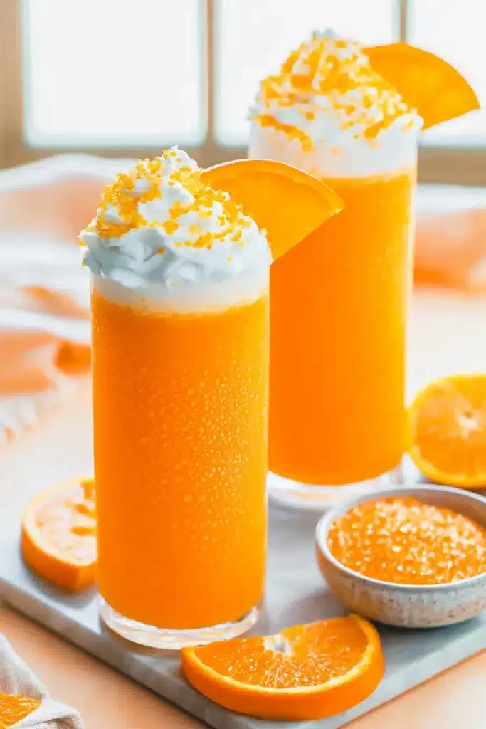 Orange Creamsicle Cocktail Recipe | Amazing Easy Summer Sip 5 Orange Creamsicle Cocktail with whipped cream and orange garnish in tall glasses