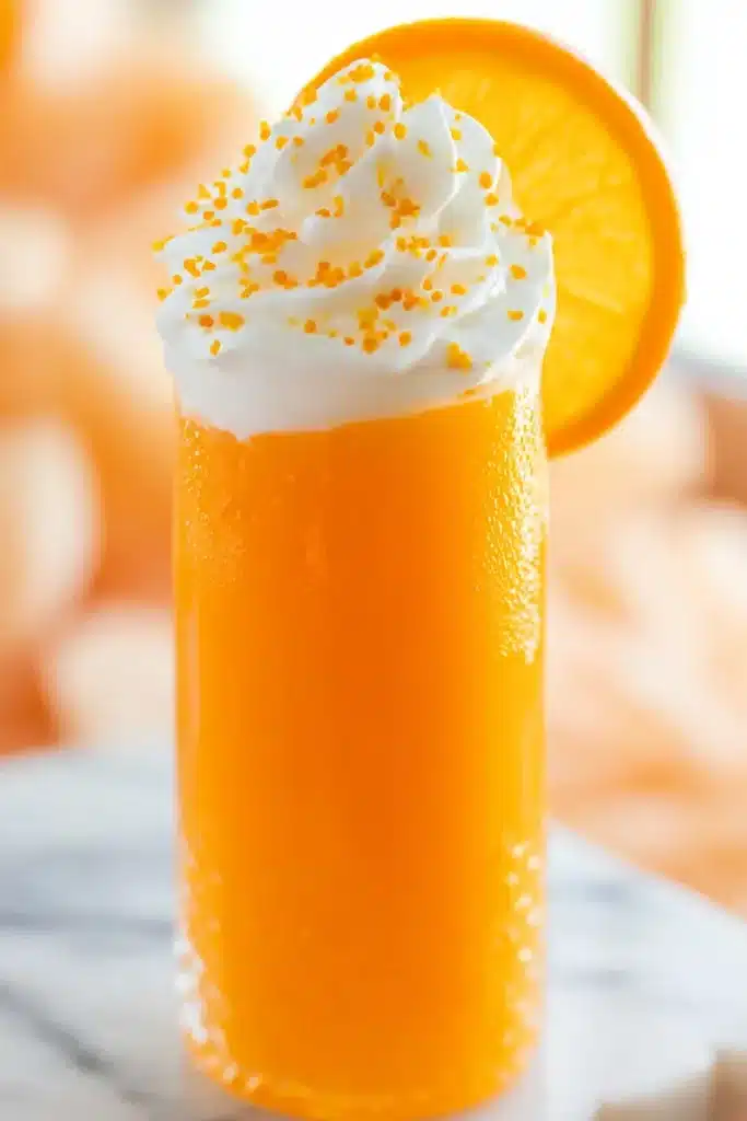 Orange Creamsicle Cocktail topped with whipped cream and orange sprinkles
