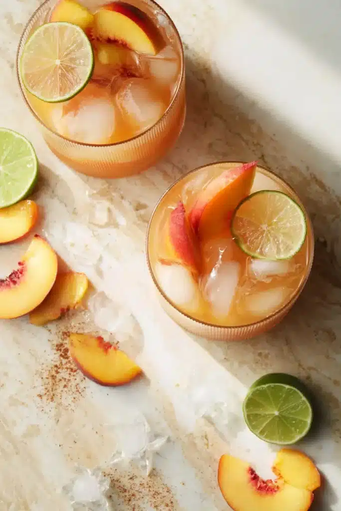 Peach Moscow Mule being poured over ice with peach and lime