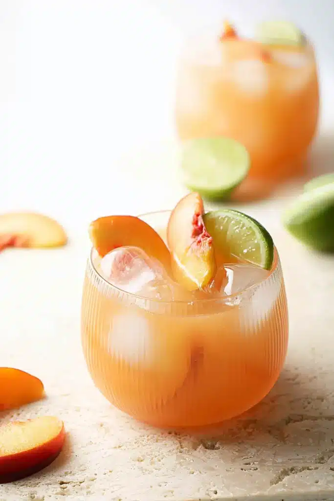Peach Moscow Mule cocktail with fresh peach, lime, and ice