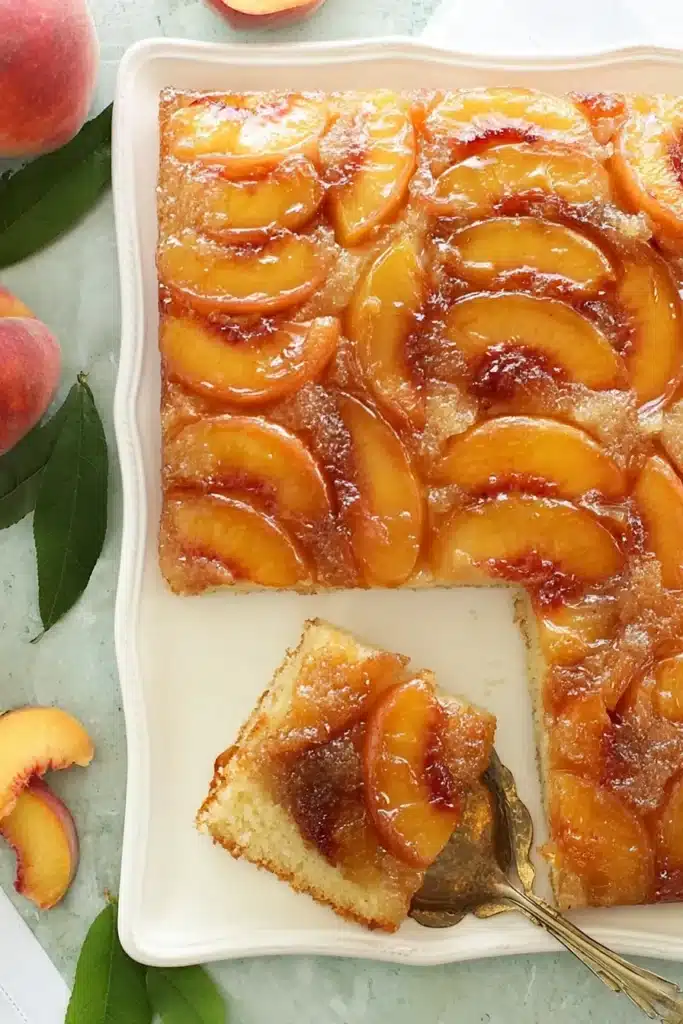 Peach upside-down cake with caramelized peaches on a platter