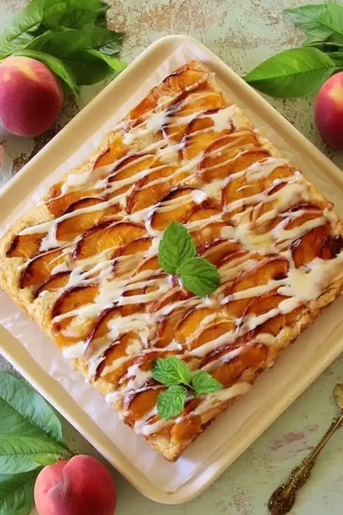 Peach Upside-Down Cake Recipe | Amazing Easy Homemade Treat 5 Peach Upside-Down Cake topped with sliced peaches and vanilla glaze