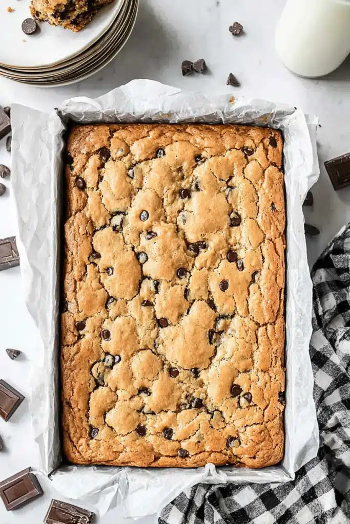 Peanut Butter Chocolate Chip Bars Recipe | Amazing Chewy Treat 4 Peanut Butter Chocolate Chip Bars baked in a pan with chocolate chips and peanut butter swirls