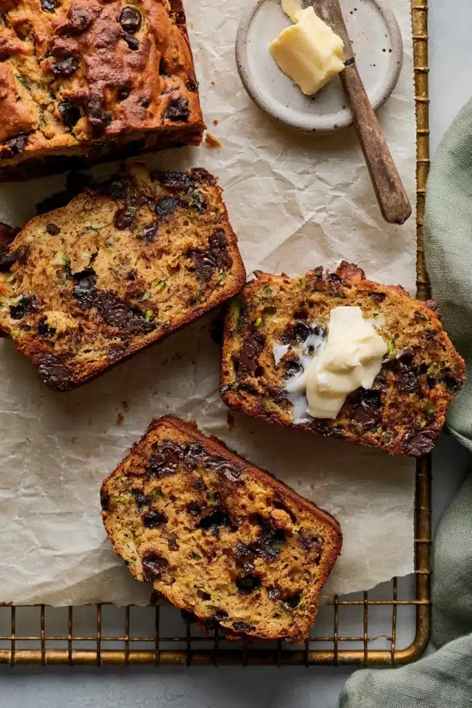 Peanut Butter Chocolate Chip Zucchini Bread Amazing Easy Recipe 6 Peanut Butter Chocolate Chip Zucchini Bread loaf sliced and served with butter