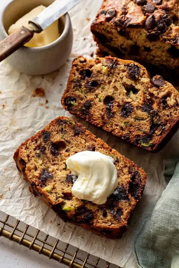 Peanut Butter Chocolate Chip Zucchini Bread Amazing Easy Recipe 5 Peanut Butter Chocolate Chip Zucchini Bread slices with butter and chocolate chips