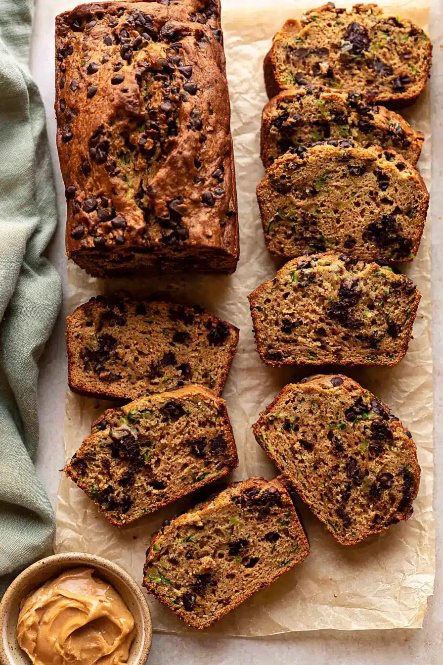 Peanut Butter Chocolate Chip Zucchini Bread slices with melted chocolate chips