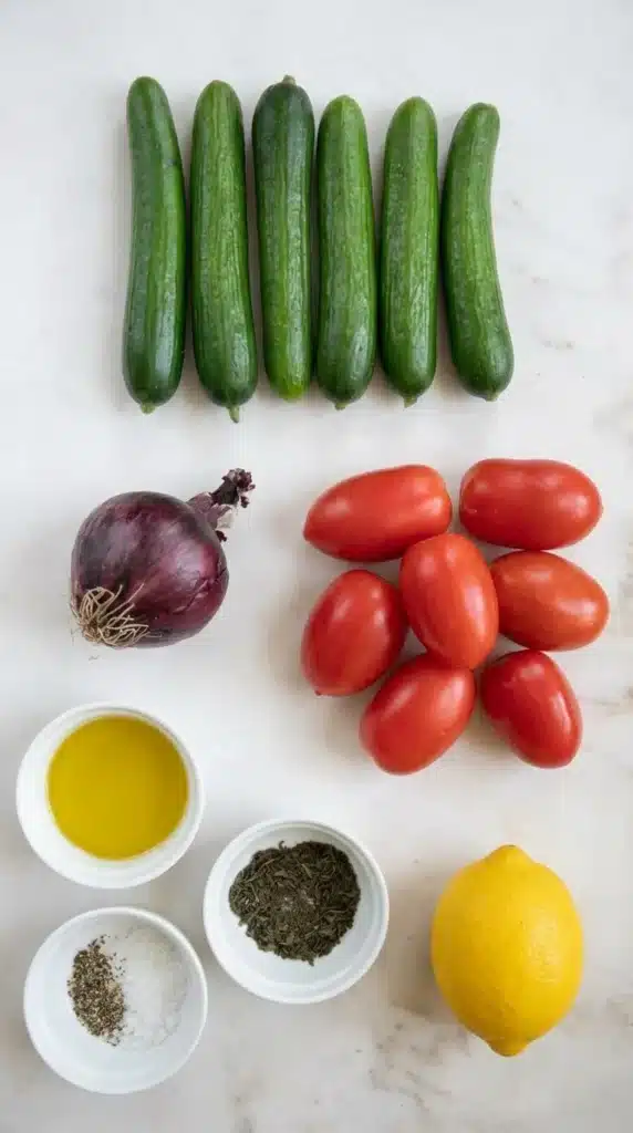 Persian Shirazi Salad Recipe | Amazing Fresh & Easy Favorite 5 Persian Shirazi Salad ingredients with cucumbers tomatoes onion lemon and dried mint