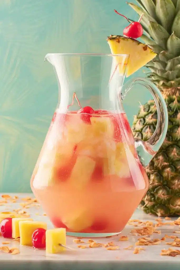 Pina Colada Sangria Recipe: Amazing Tropical Summer Favorite 5 Pina Colada Sangria in a glass pitcher with pineapple chunks and cherries
