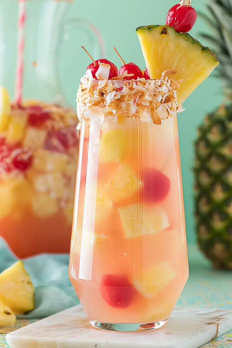 Pina Colada Sangria with pineapple, cherries, and toasted coconut rim
