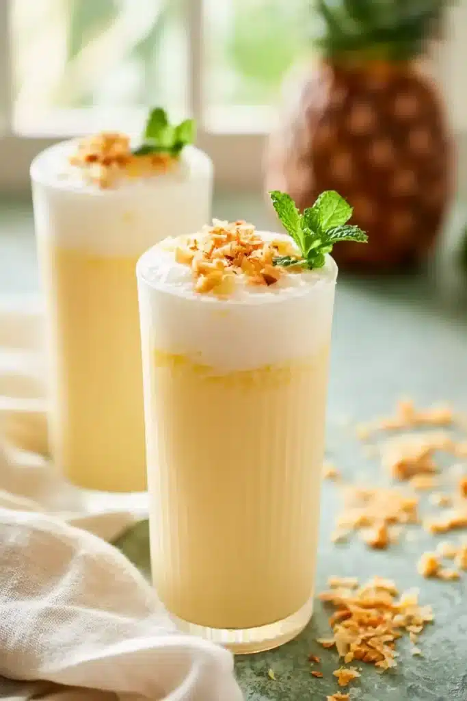 Pineapple Soda Recipe | Amazing Tropical Summer Drink 7 Pineapple Soda Recipe served in tall glasses with toasted coconut and mint