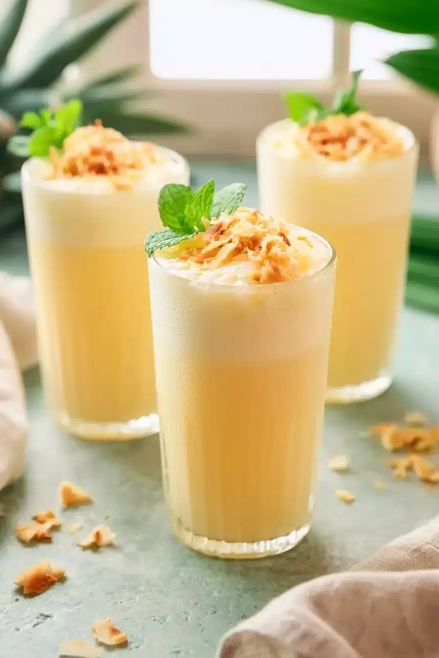 Creamy pineapple soda topped with toasted coconut and fresh mint in tall glasses