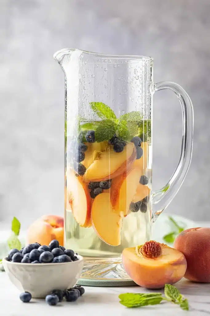 Refreshing Peach Sangria pitcher with peaches, blueberries, mint, and white wine