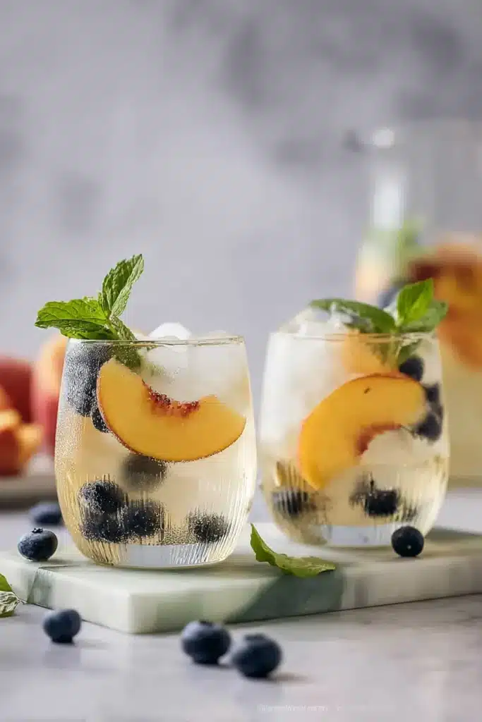 Refreshing Peach Sangria served with peaches, blueberries, mint, and ice in cocktail glasses