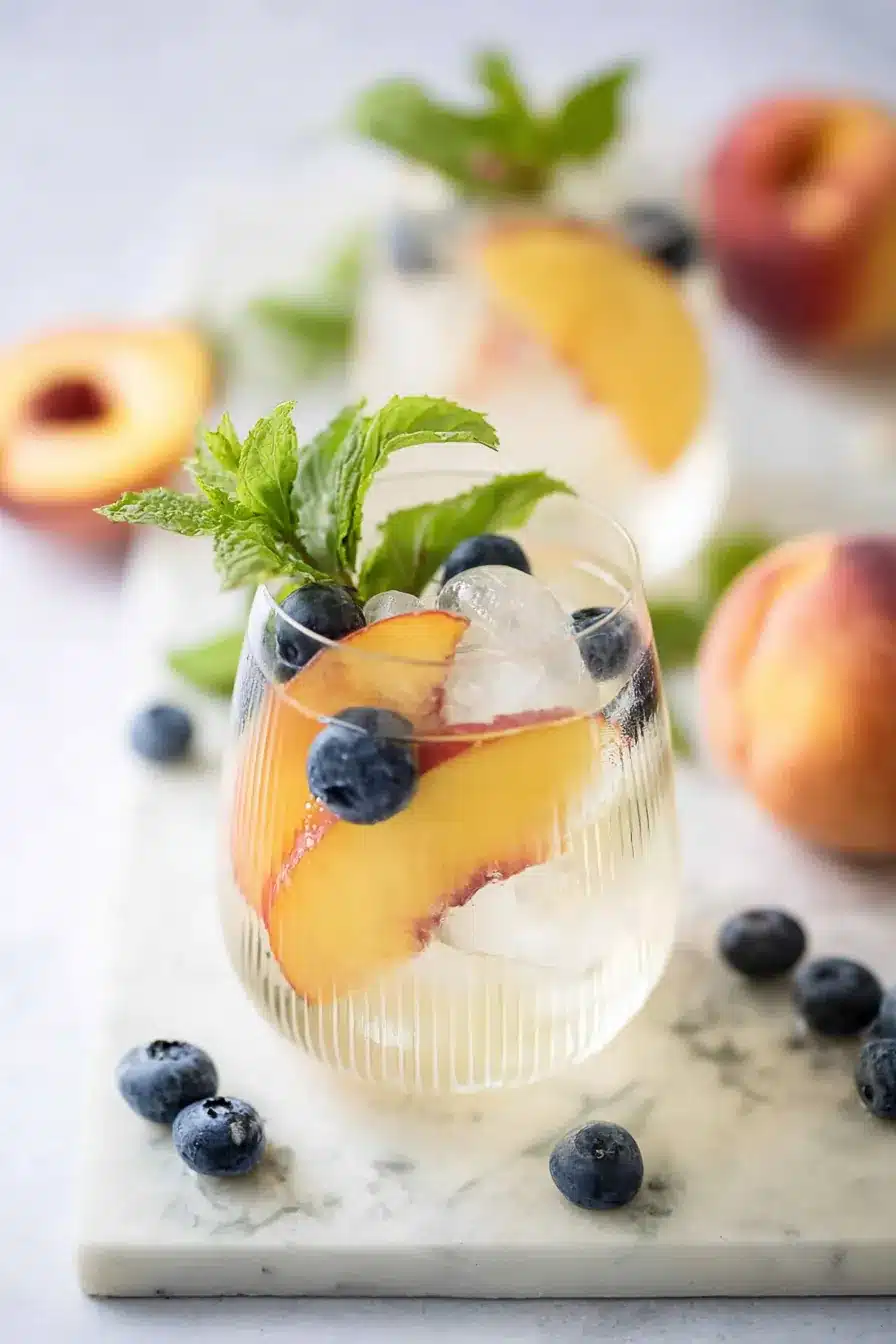 home 9 Refreshing Peach Sangria with peaches, blueberries, mint, and ice in a summer cocktail glass
