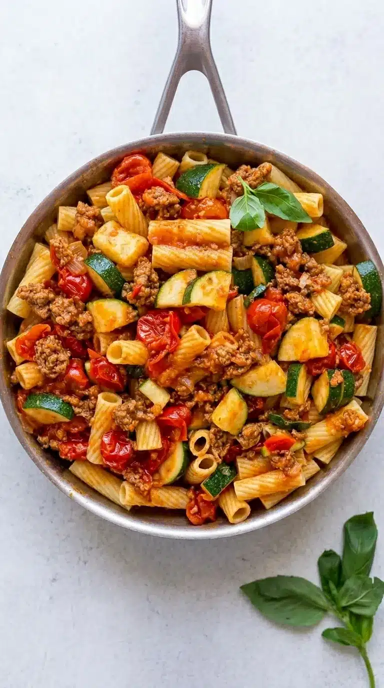 Rigatoni with Tomatoes and Zucchini pasta dinner with Italian sausage