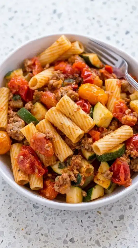 Rigatoni with Tomatoes and Zucchini Easy & Amazing Dinner 6 Rigatoni with Tomatoes and Zucchini topped with Italian sausage and basil