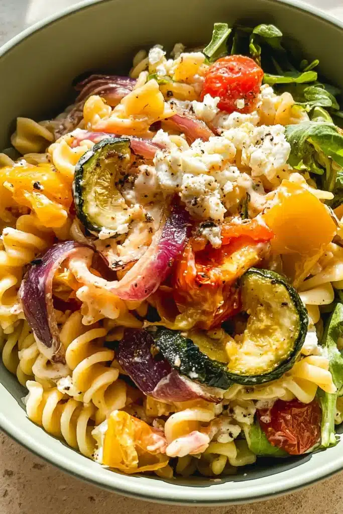 Roasted Veggie Pasta Recipe | Amazing Easy Family Dinner 5 Roasted Veggie Pasta with feta cheese, zucchini, tomatoes, and roasted vegetables
