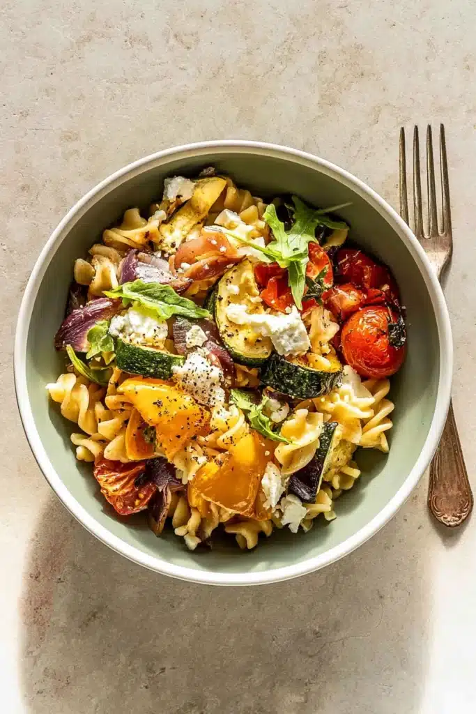 Roasted Veggie Pasta Recipe | Amazing Easy Family Dinner 6 Roasted Veggie Pasta served with feta cheese and roasted vegetables in a bowl