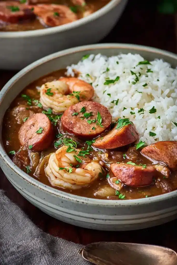 Gumbo with shrimp and sausage served over white rice
