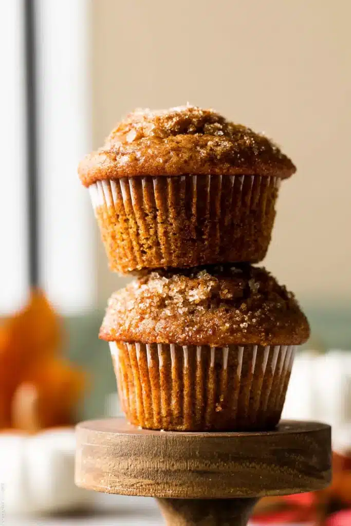 Stacked Simply Pumpkin Muffins with coarse sugar topping