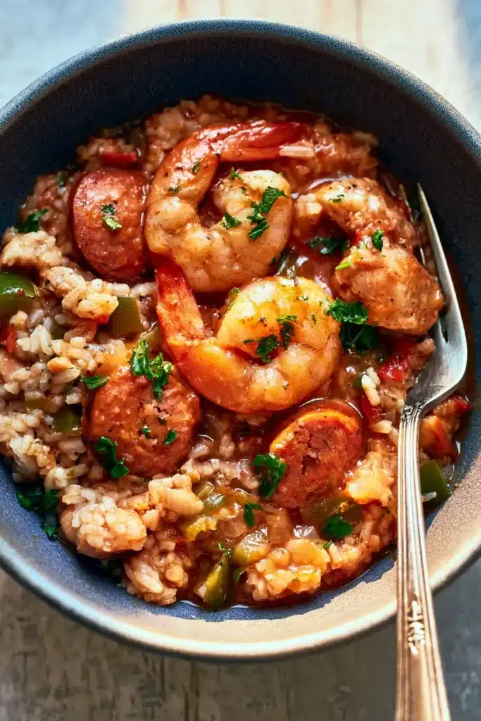 Slow Cooker Jambalaya with shrimp, sausage, chicken, and Creole rice