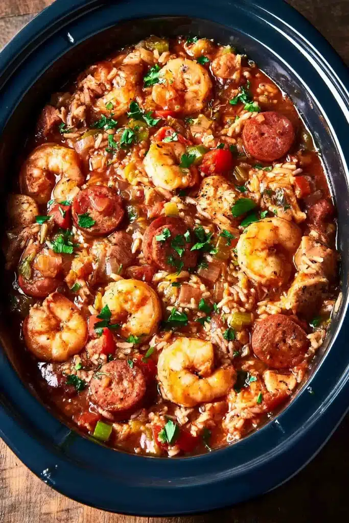 Slow Cooker Jambalaya served with shrimp, sausage, chicken, and rice in a bowl