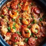 Slow Cooker Jambalaya with shrimp, sausage, chicken, rice, and Creole sauce