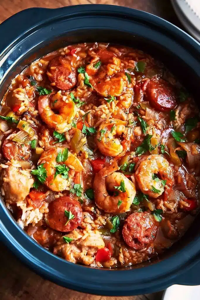 Slow Cooker Jambalaya with shrimp, sausage, chicken, rice, and Creole sauce