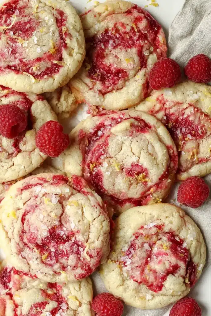 Soft chewy lemon raspberry cookies topped with flaky sea salt and fresh raspberries