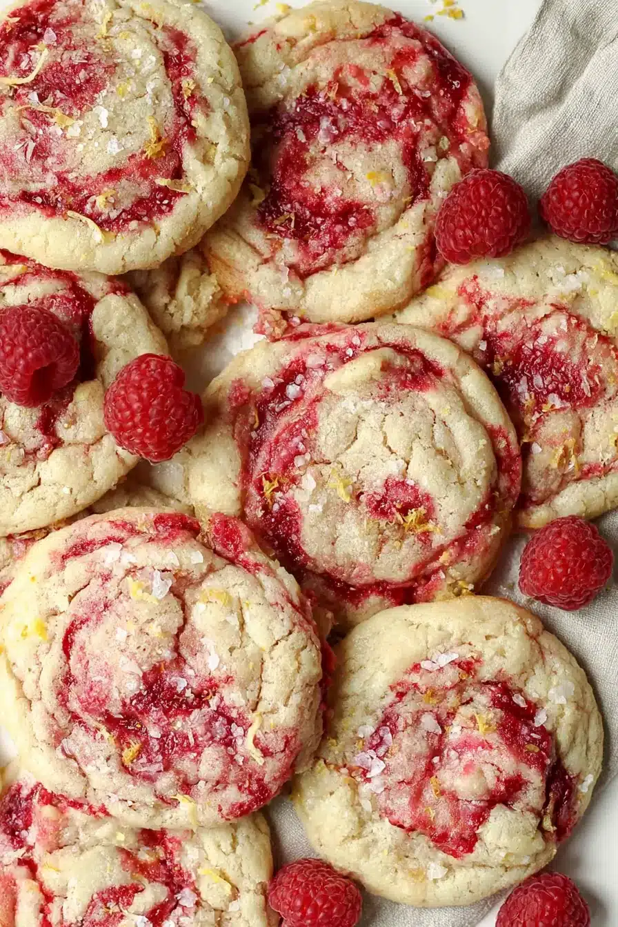 Soft chewy lemon raspberry cookies topped with flaky sea salt and fresh raspberries
