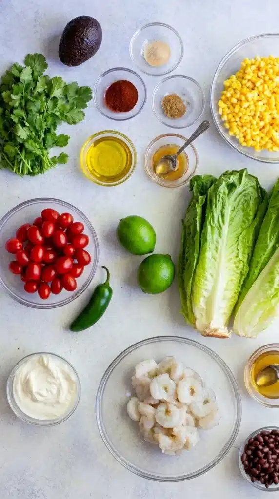 Southwestern Shrimp Salad ingredients arranged for recipe preparation