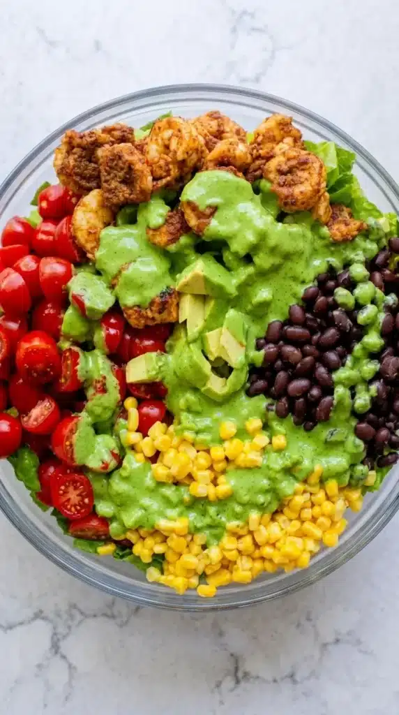 Southwestern Shrimp Salad with creamy cilantro dressing before tossing