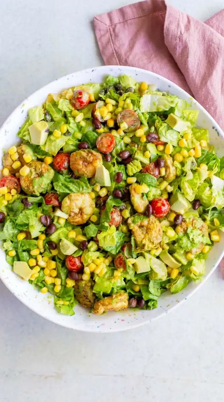 Southwestern Shrimp Salad with avocado, black beans, corn, tomatoes, and cilantro dressing