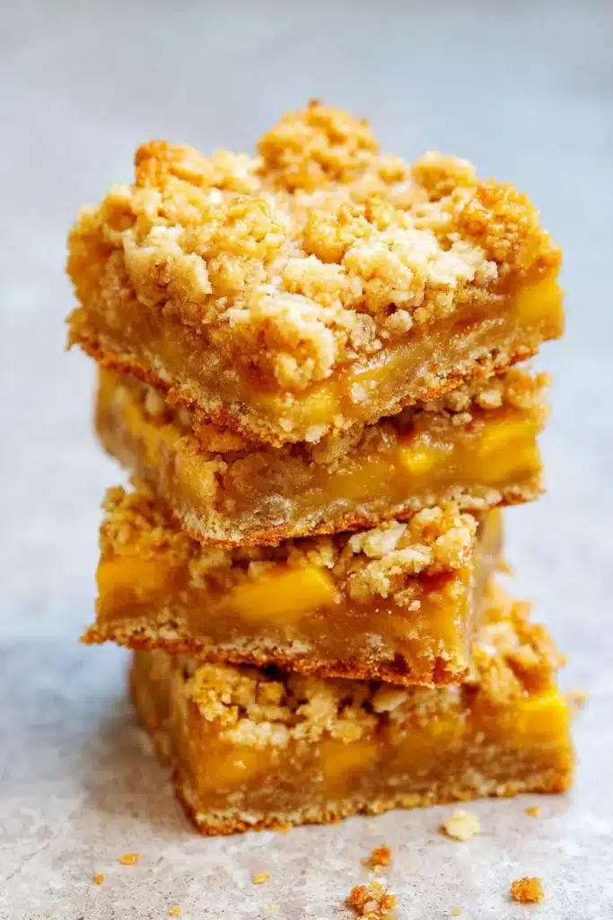 Mango Oatmeal Crumble Bars Recipe | Amazing Easy Treat 6 Stacked Mango Oatmeal Crumble Bars with juicy mango filling and crumbly oat topping