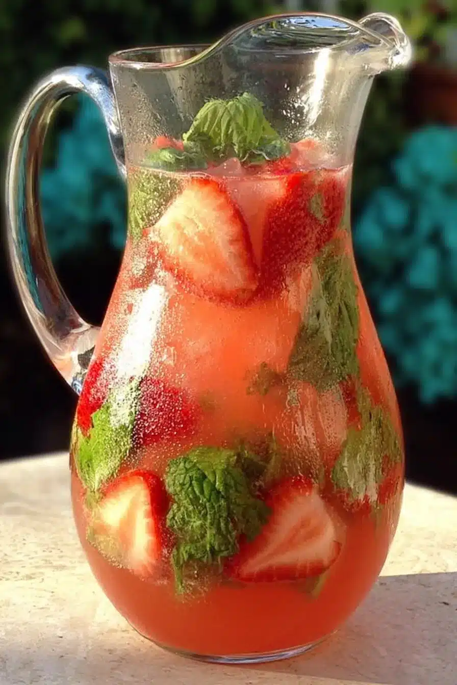 Fresh strawberry basil lemonade in a glass pitcher with sliced strawberries and basil