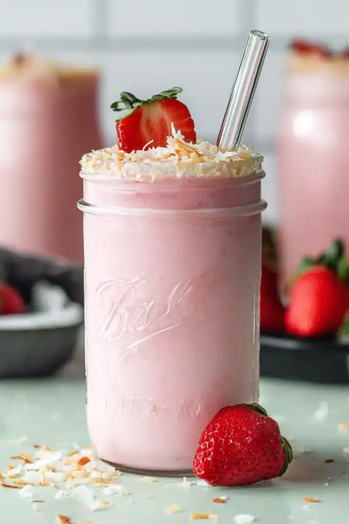 Strawberry Coconut Refresher in a mason jar topped with toasted coconut and fresh strawberry