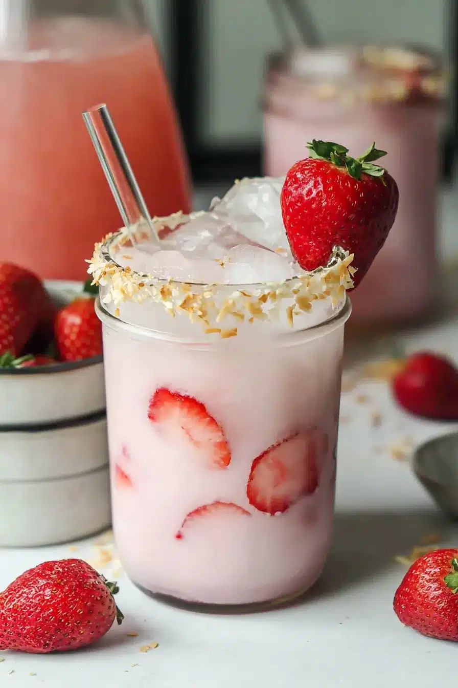 Strawberry Coconut Refresher in a mason jar with fresh strawberries, coconut rim, and ice cubes