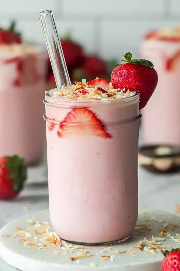 Strawberry Coconut Refresher with toasted coconut rim and fresh strawberry garnish