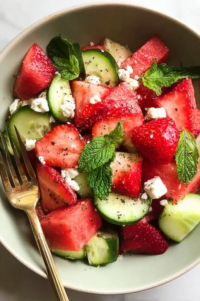 Strawberry, Watermelon, Feta & Mint Cucumber Salad Recipe 5 Strawberry, Watermelon, Feta & Mint Cucumber Salad in a bowl
