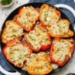 Buffalo chicken stuffed bell peppers topped with melted cheese and blue cheese crumbles
