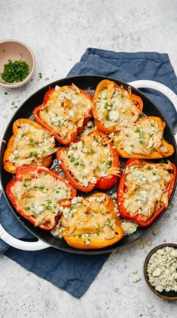 Buffalo chicken stuffed bell peppers topped with melted cheese and blue cheese crumbles