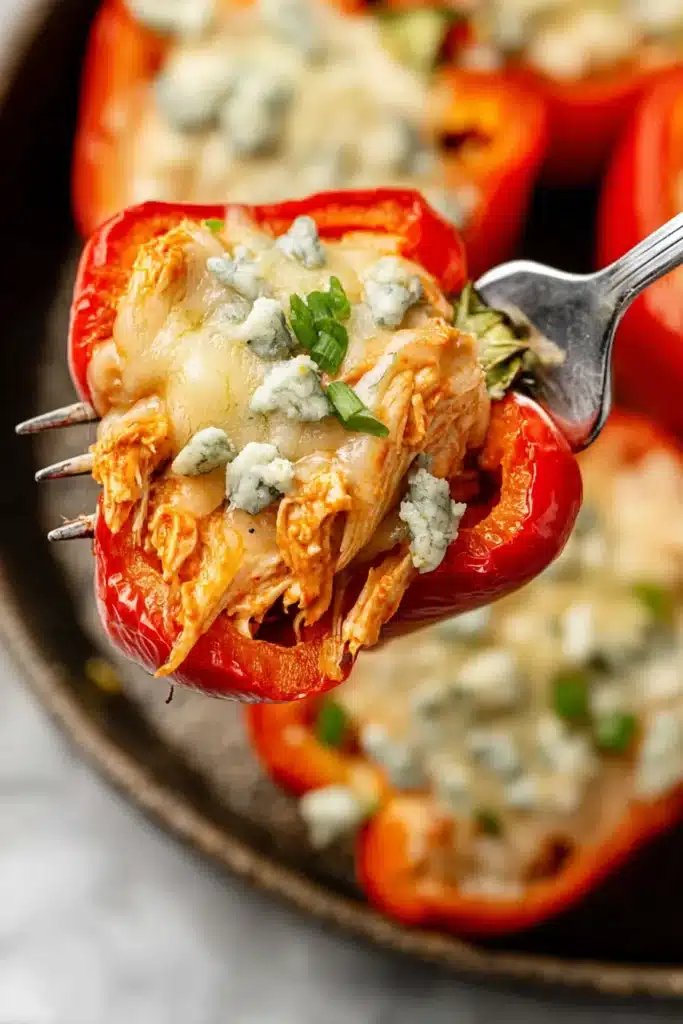 Stuffed Bell Peppers with Buffalo Chicken Filling topped with melted cheese and blue cheese